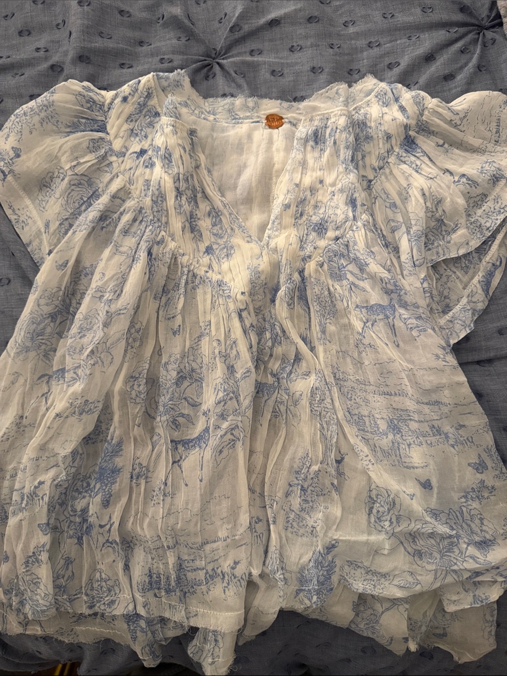 Free People White Blouse with Light Blue Floral Print